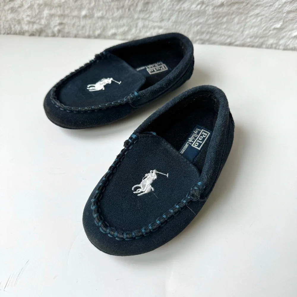 Polo Ralph Lauren Suede Leather Moccasin Slipper Shoes Boys 8 Navy Blue Preppy